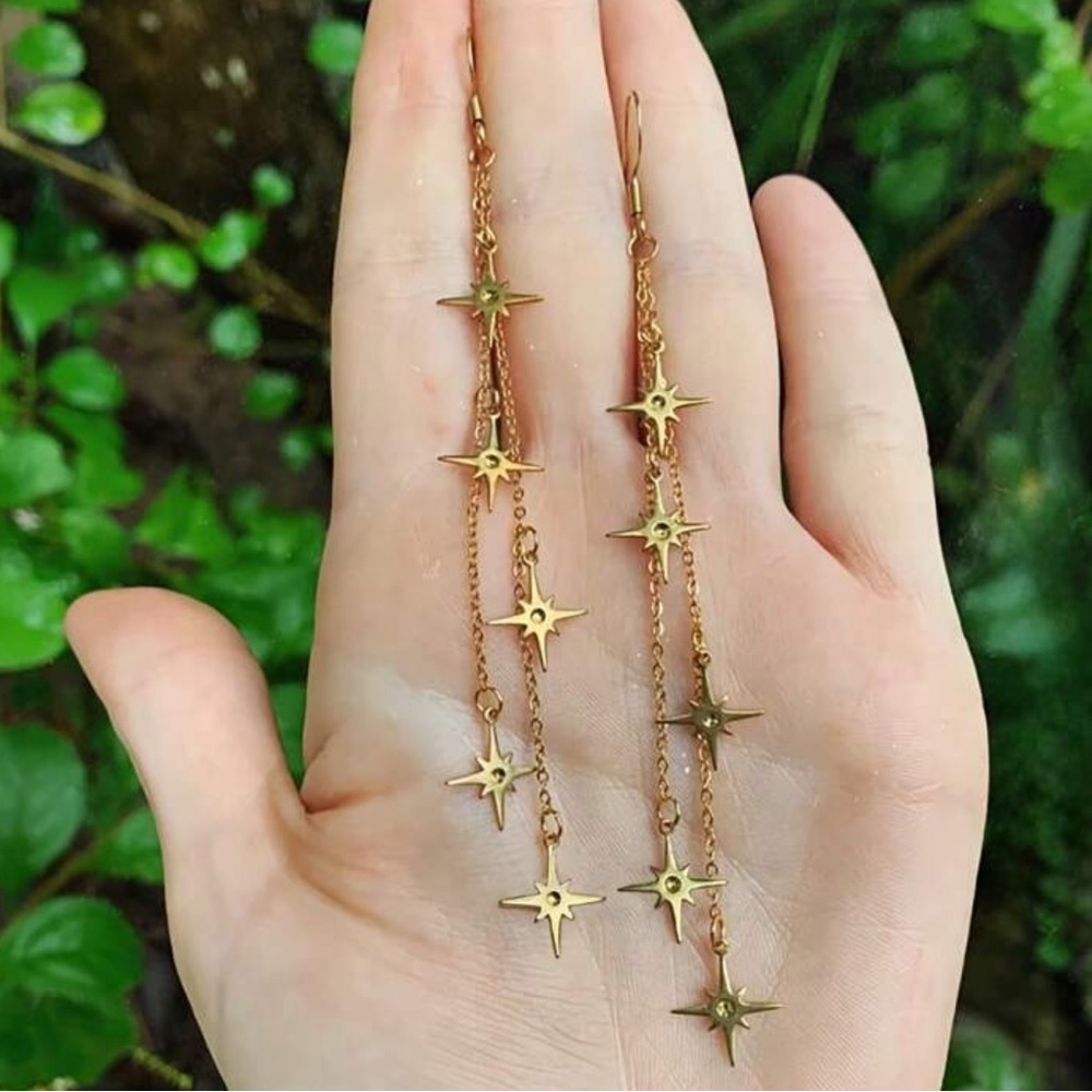 Gold Star Plunging Dangle Earrings